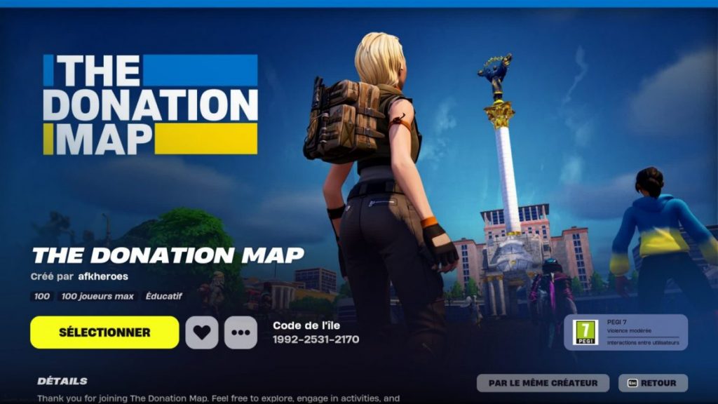 Capture d'écran de l'écran de sélection de la carte "The Donation Map" dans Fortnite (Epic Games)